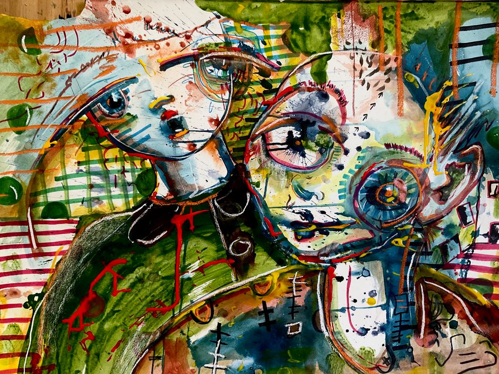 This is a large energetic ink and pen drawing i. Deep hues of green and blue. It is of two abstracted faces who seem bouyant and loud
It is $400