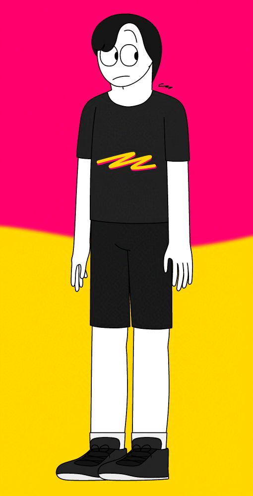 My character, meant to represent me, standing in front of a hot pink and yellow background looking to his left.

Created using ibisPaint. Used Glaze for final product.