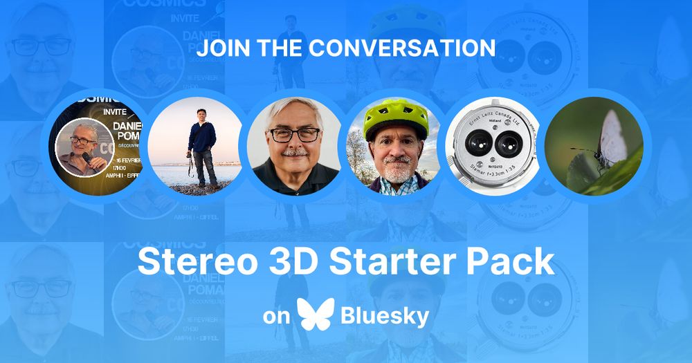 Image for my new starter pack for 3D photography and videography. It says "Join the Converstaion, has a series of small images from the listed accounts, the title "Stereo 3D Starte Pack on Bluesky"