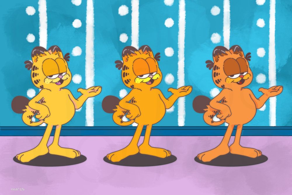 3 Garfields posed in front of a background that is Jon's wallpaper from Garfield and Friends. The first on the left side Garfield is a lighter orange leaning more towards yellow, middle is the class Garfield colour palette, and right is a Garfield with a colour palette inspired by Heathcliff.