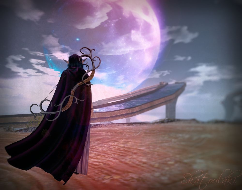 Second Life avatar, elf on a giant tree stump gazing at the moon.