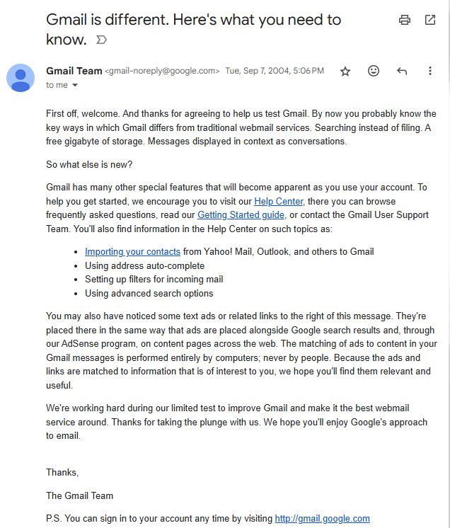 Welcome to Gmail beta email dated September 7, 2004