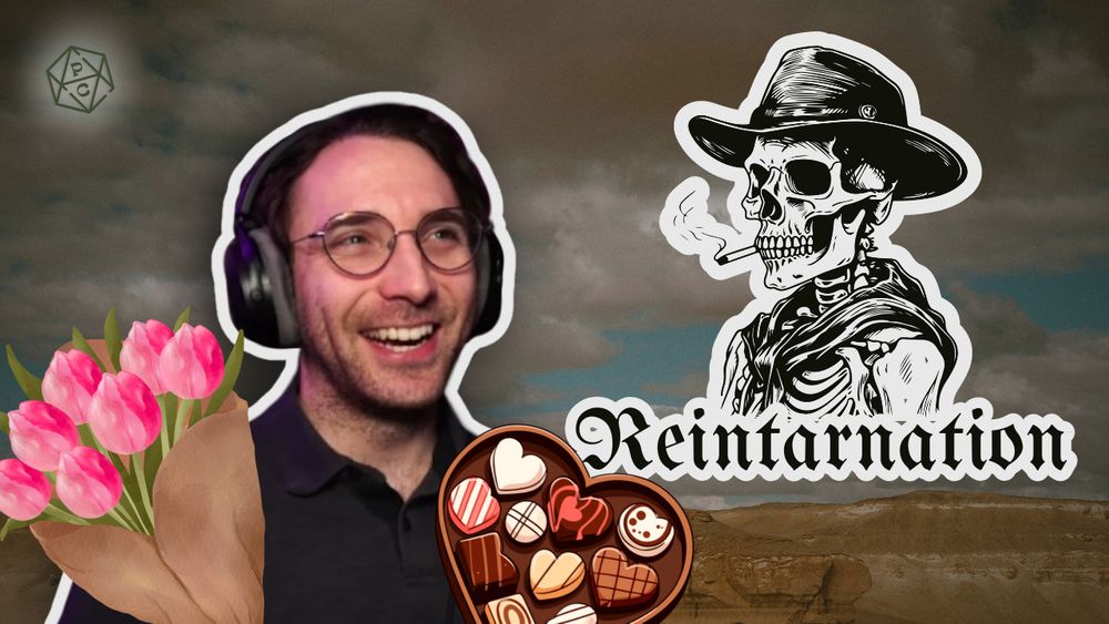 YouTube style thumbnail for Reintarnation Episode Five. The Reintarnation cowboy skeleton logo is on the right hand side and the left side of the image is a photo of one of the players, Sebastian, with images of a bouquet of tulips and a box of chocolates edited in his arms. 
