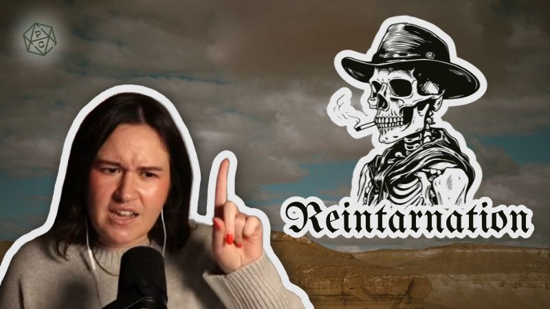 Reintarnation episode two thumbnail showing a background of a barren wasteland with clouds overhead. In front of the image there is the Reintarnation logo and a photo of Bella holding her finger up.
