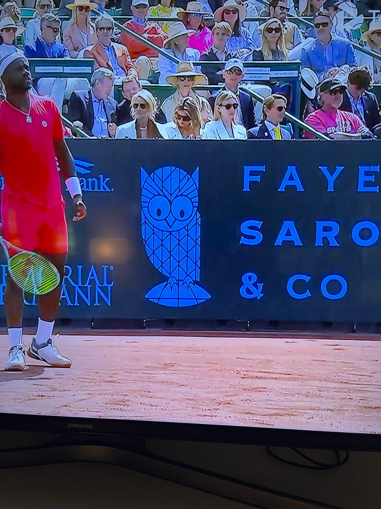 Cartoon Owl on advertising signage at tennis tournament 