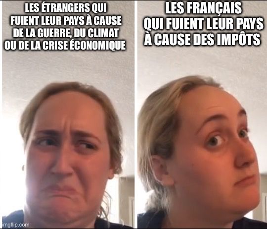 Reprise du même avec la femme qui grimace d’un côté avec le texte «  les étrangers qui fuient leur pays à cause de la guerre, du climat ou de la crise économique » et qui a un air approbateur de l’autre avec le texte « les français qui fuient leur pays à cause des impôts »