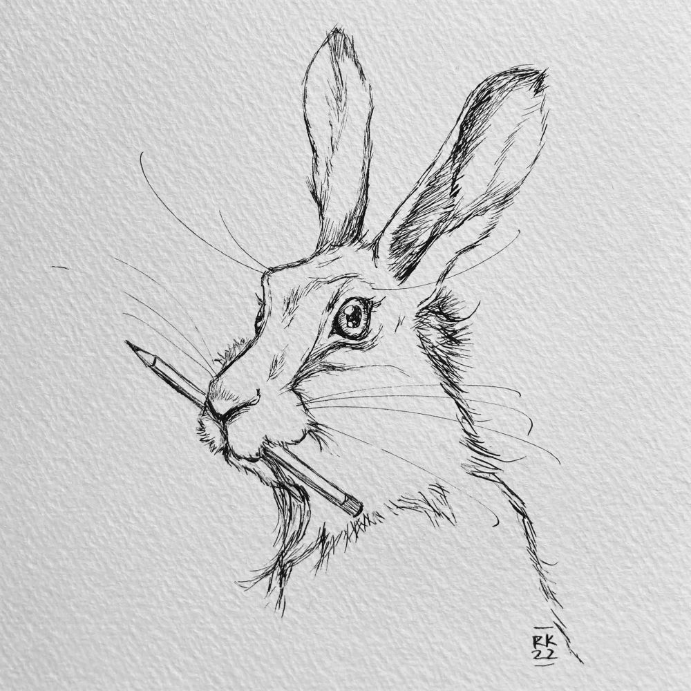 eine tintenzeichnung von einem hasen, der einen bleistift quer im maul hat