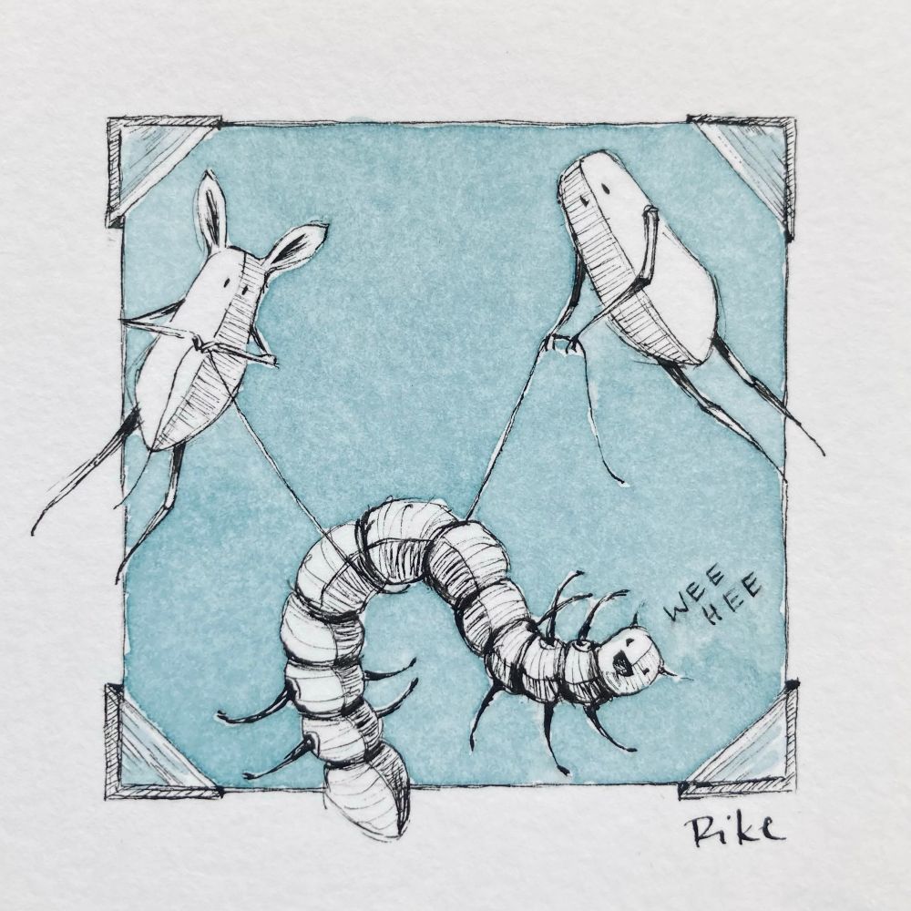 two little ghosts are holding a file over which a caterpillar is hanging. they are floating so that the caterpillar can experience how it feels to fly. the drawing looks like a photo with photo corners, the background is light blue.