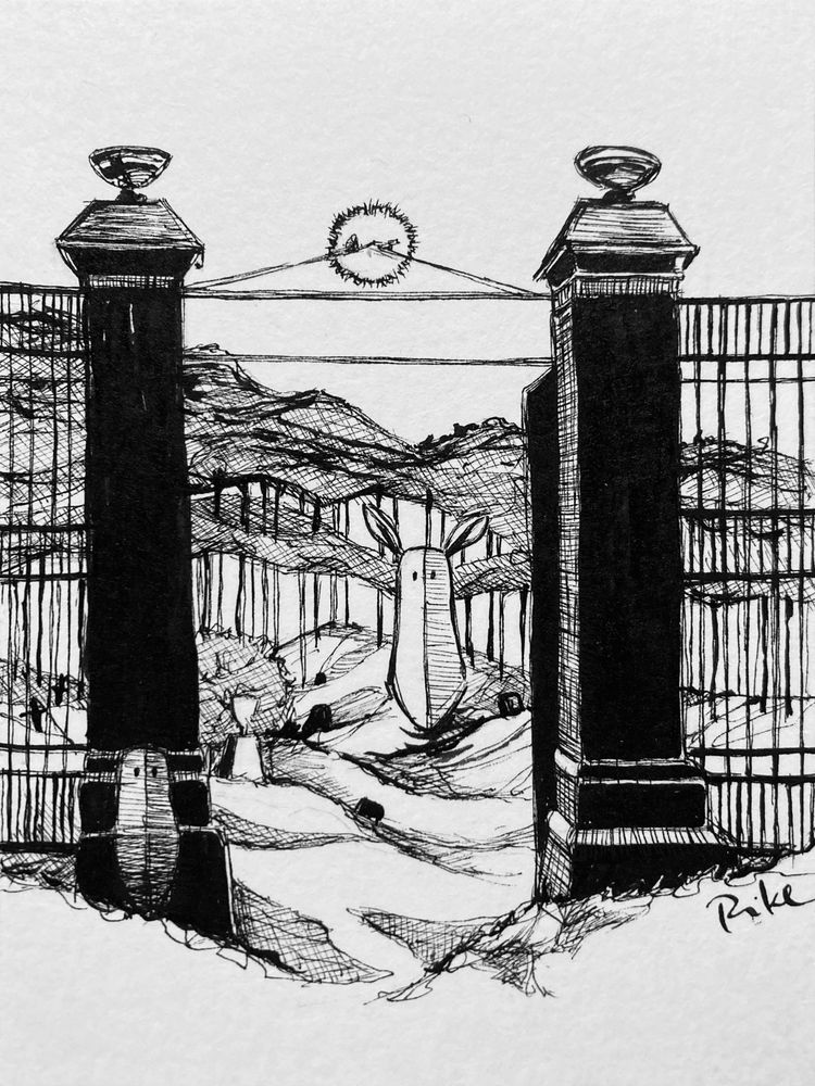 eine tintenzeichnung von einem friedhofseingang. zwei säulen stehen links und rechts, dahinter eine hügelige anlage, bei der ganz hinten hochgewachsene bäume stehen. im eingang schwebt öhrchen und ein weiterer geist lehnt an einer säule. beide blicken dich an 