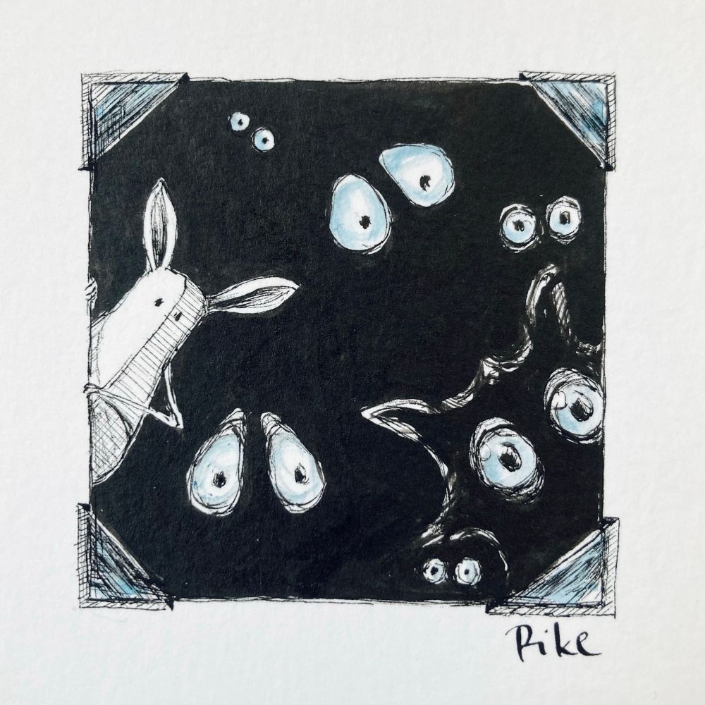 an ink drawing of little ear, huhuchen and 5 more undefined ghosts who are looking directly at you out of the darkness. 