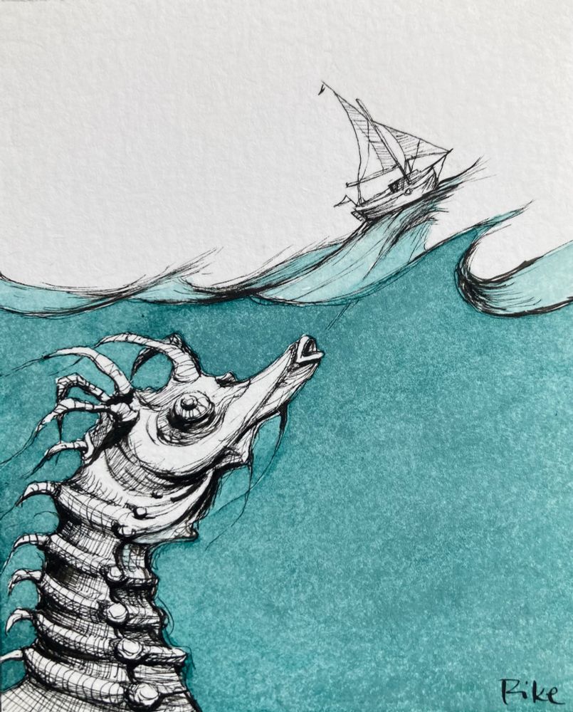 eine tintenzeichnung von einem riesenhaften seepferdchen kopf, das wellengang hervor pustet. an der seeoberfläche ist ein sehr kleines segelboot auf der entstandenen welle