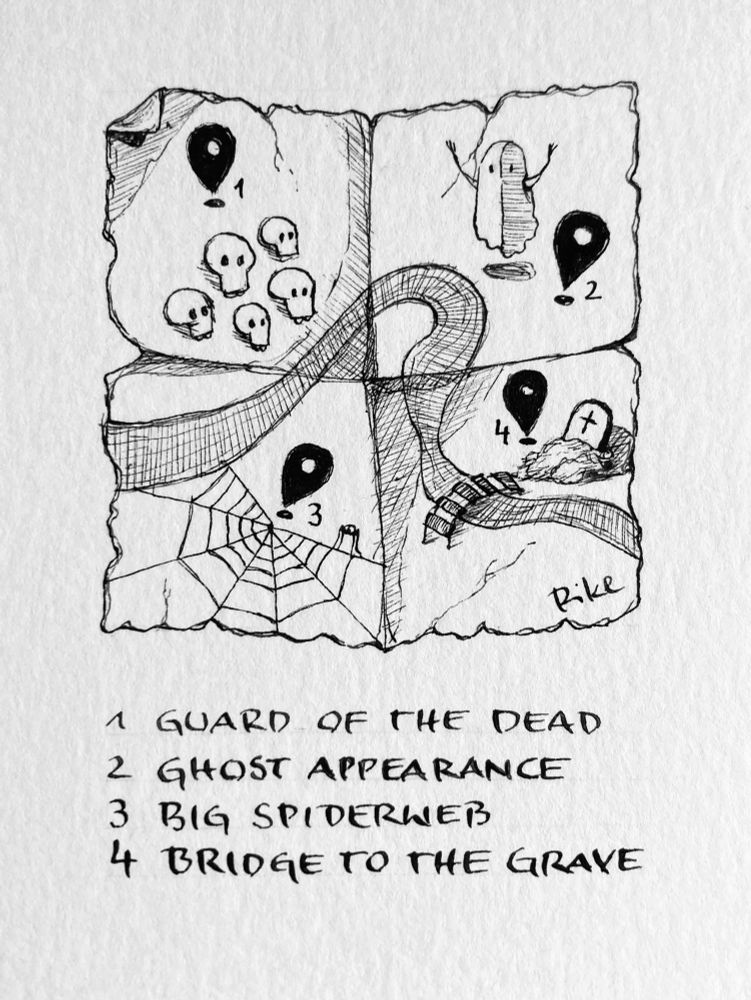 a treasure map with 4 parts:
1. guard of the dead with some skulls
2. ghost appearance with a ghost raising his arms
3. big spider web
4. bridge to the grave

all 4 have a map flag by the symbols 