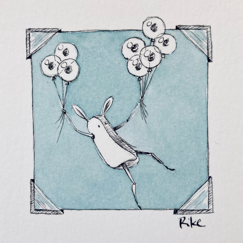 an ink drawing of little ear floating with the help of 8 balloons that are shaped like eyeballs. the background of the drawing is in light blue, photo corners are drawn too, one balloon is floating out of the drawn photoframe.