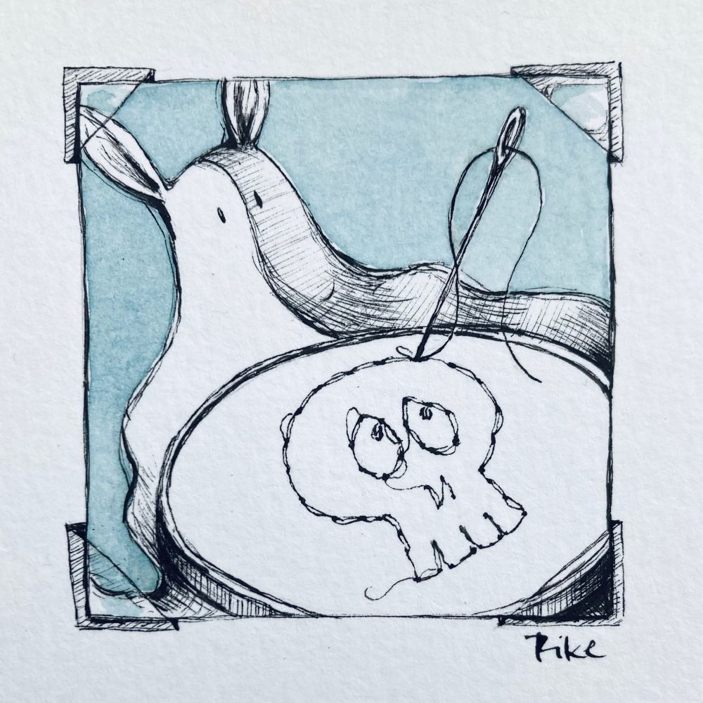 an ink drawing of little ear with it’s shroud in an embroidery hoop with a stitched skull in it. the drawing has a pale blue background color and looks like a photo with photocorners