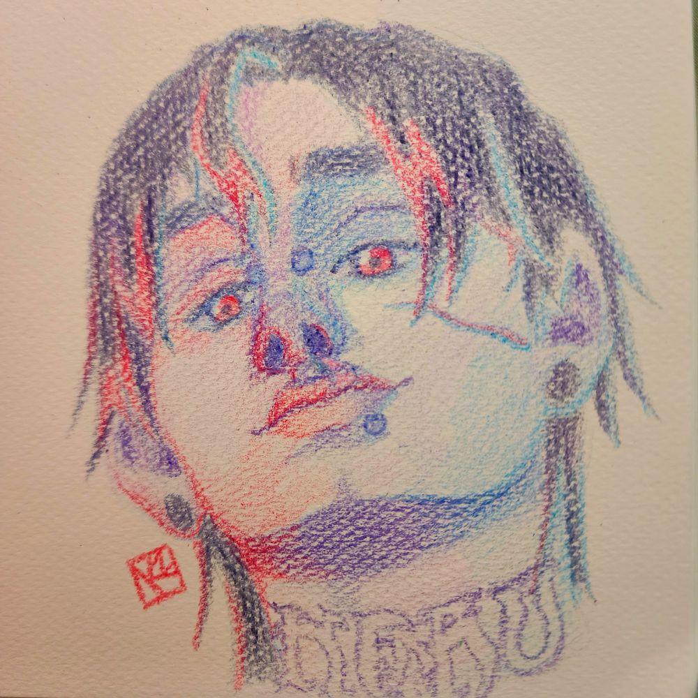 A crayon portrait of Jayce Blackwood in pink, purple, and blue crayon on textured paper.