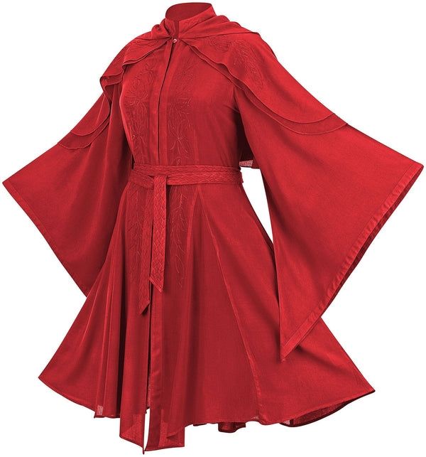 A knee-length red hooded robe with a fabric belt and very flowy sleeves. I think this design is the Lorana from Holy Clothing, but it was a limited edition color.