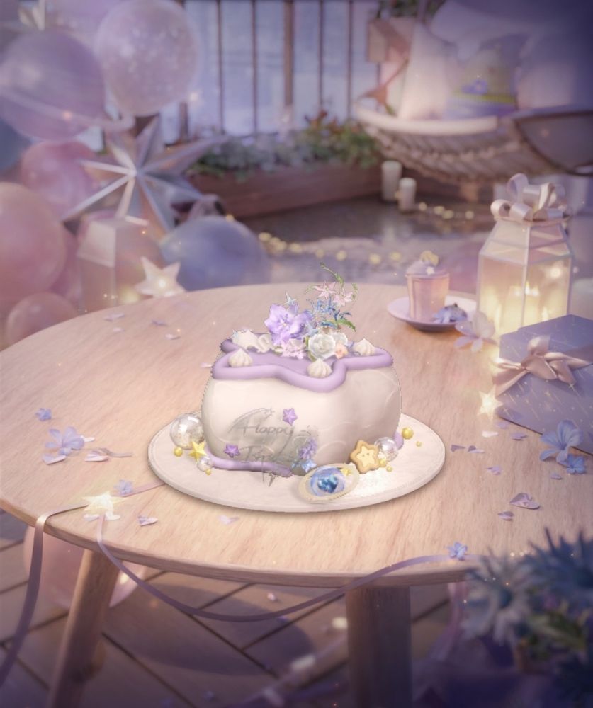 A star shaped birthday cake with white and taro (purple) icing. There's a lot of celestial type decorations and some flowers on top, along with a little Happy Birthday sign in front.