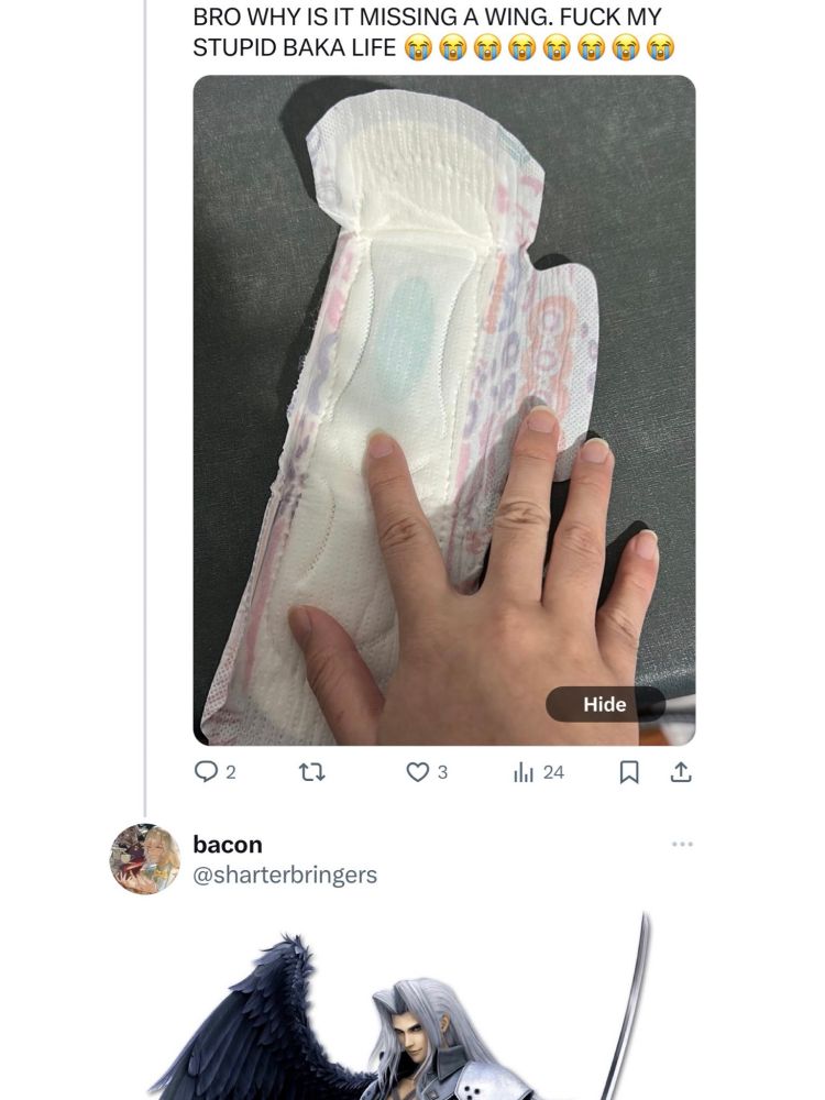 Someone posted a picture of a menstrual pad with one wing and the text "BRO WHY IS IT MISSING A WING. FUCK MY STUPID BAKA LIFE." and 8 of the crying emoji. Someone replied with an image of Sephiroth with his iconic one wing.