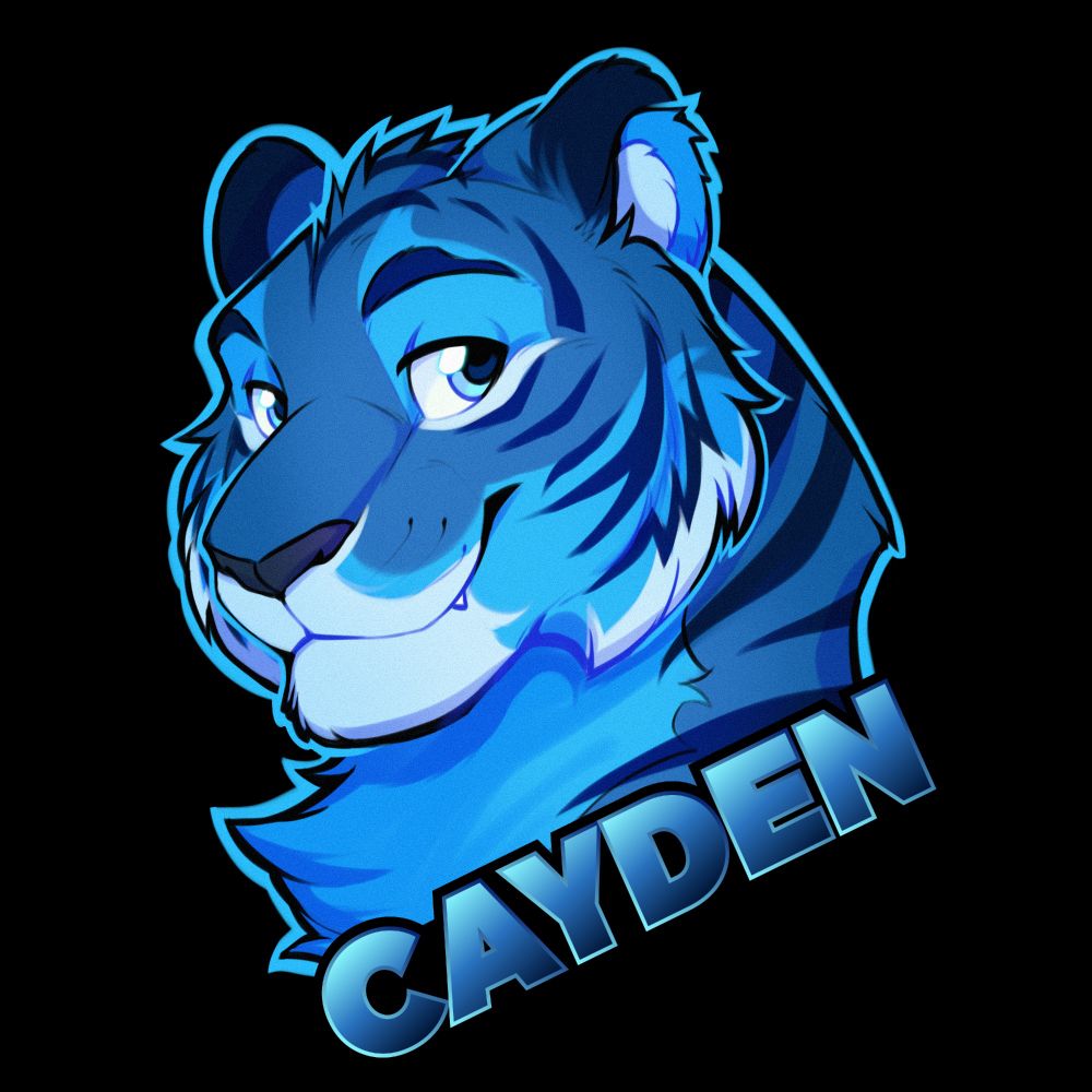 Digital art badge of a blue tiger named Cayden, portrait
