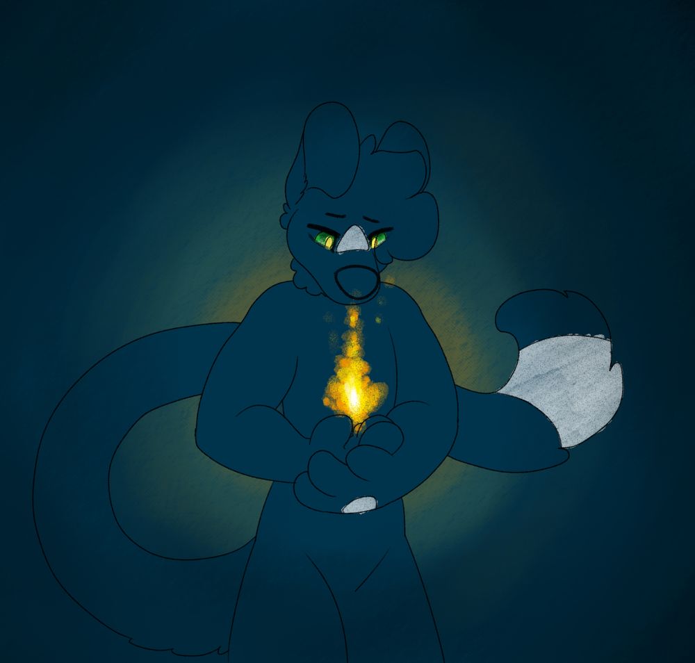 A blue canine furry with a long tail, standing in a deep blue, abyssal background. They are looking down at a small flame held in their paws, with a somber expression.