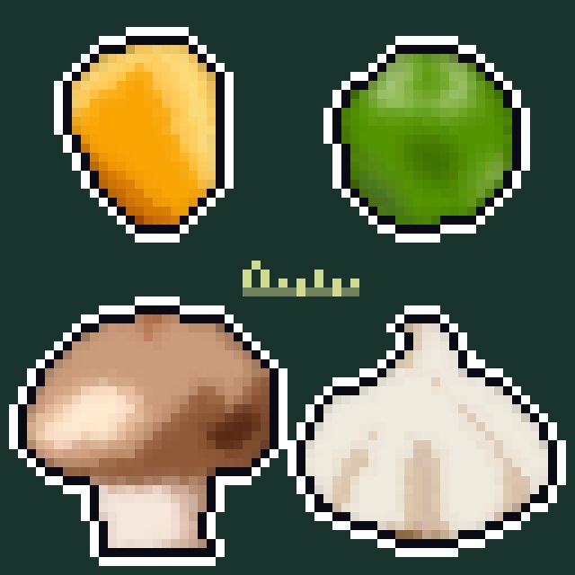 Little pixel corn, pea, mushroom, and garlic bulb