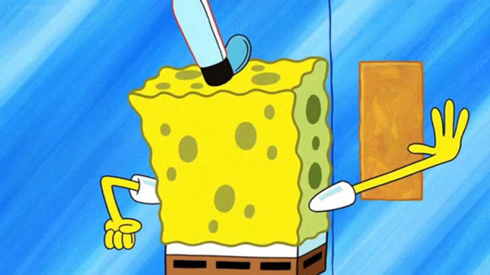 a cartoon drawing of spongebob squarepants holding a piece of wood