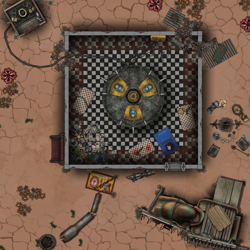 TTRPG Battlemap of a Fallout style building, some fortification made of old cars, and broke sign and a outhouse (toilet) connected to a nuclear generator for some reason
Some beds and tools suggest people are here trying to repair the power to start up the toilet?