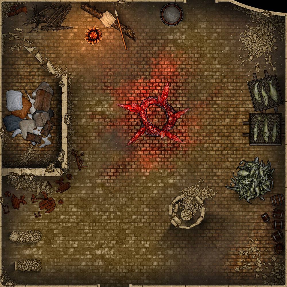 TTRPG Battlemap of a ruin where someone large, a giant, has been living. Various piles of fish he has been gathering and drying can be seen, a bedding nearby where the hermit giant was sleeping. A crown of red crystals sit in the middle of the room