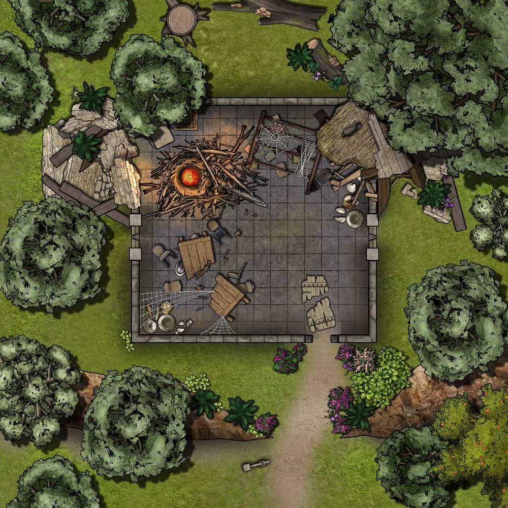 TTRPG Battlemap of a ruin on a rise, destroyed furniture inside and a nest containing a dragon egg sits in the middle