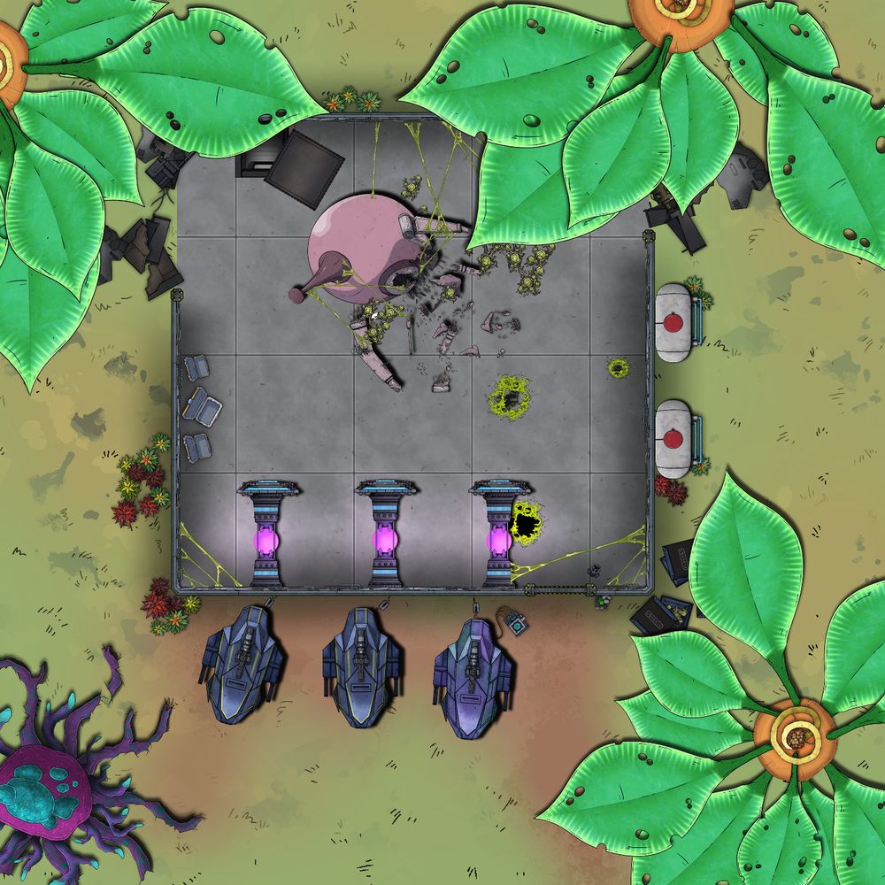 TTRPG Battlemap of a ruined (?) building on an alien world, some drones outside being charged while inside the chargers can be seen along the south wall while a disassembled robot sits in the middle.
Alien eggs and goo around the room suggests things have not gone well