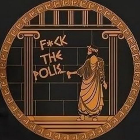 Zeichnung eines Griechischen Philosophen, der ein Graffiti mit der Aufschrift "F*CK the Polis" an eine griechische Tempelwand sprüht.