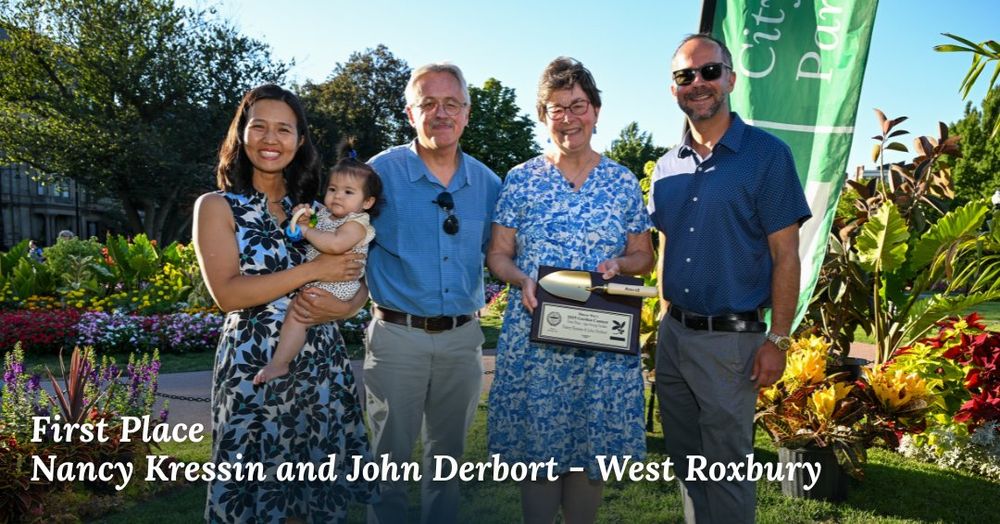 First Place - Nancy Kressin an dJohn Derbort of West Roxbury with Mayor Michelle Wu, Mira, and Chief Swett.