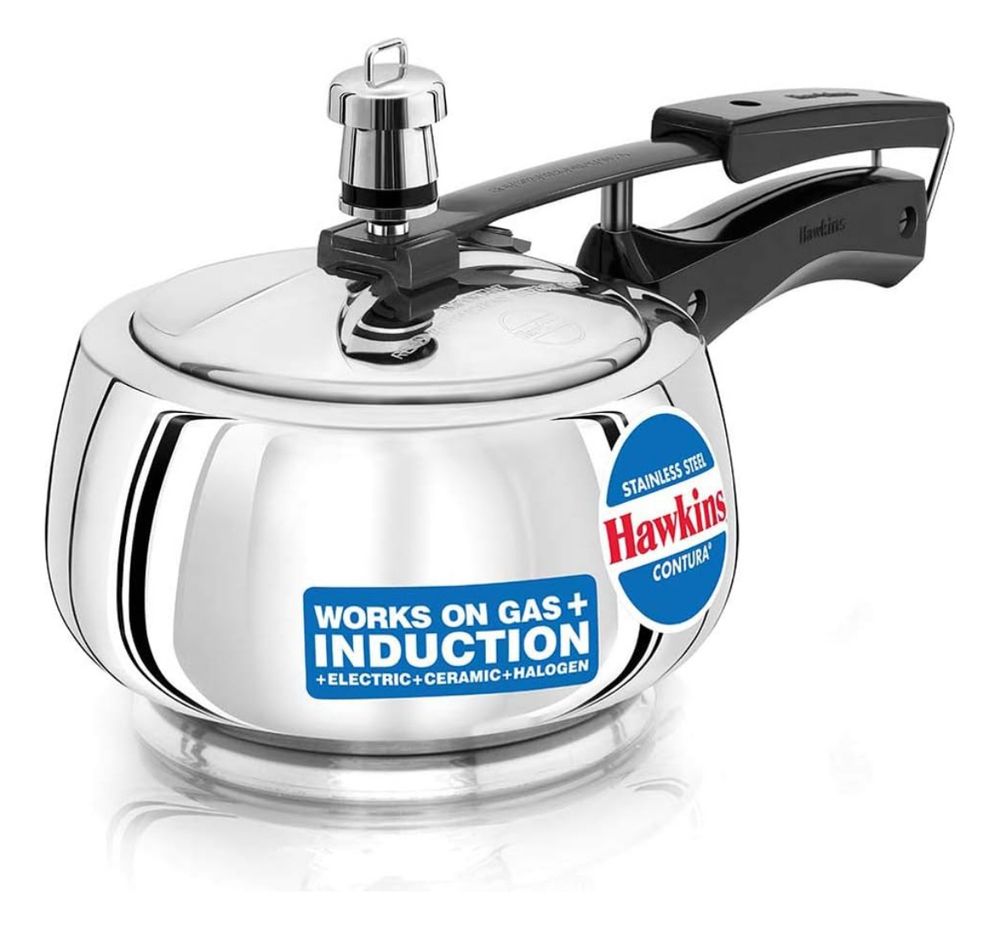 Panela de pressão com formato mais arredondado nas paredes laterais. Dando a sensação que está inflada.