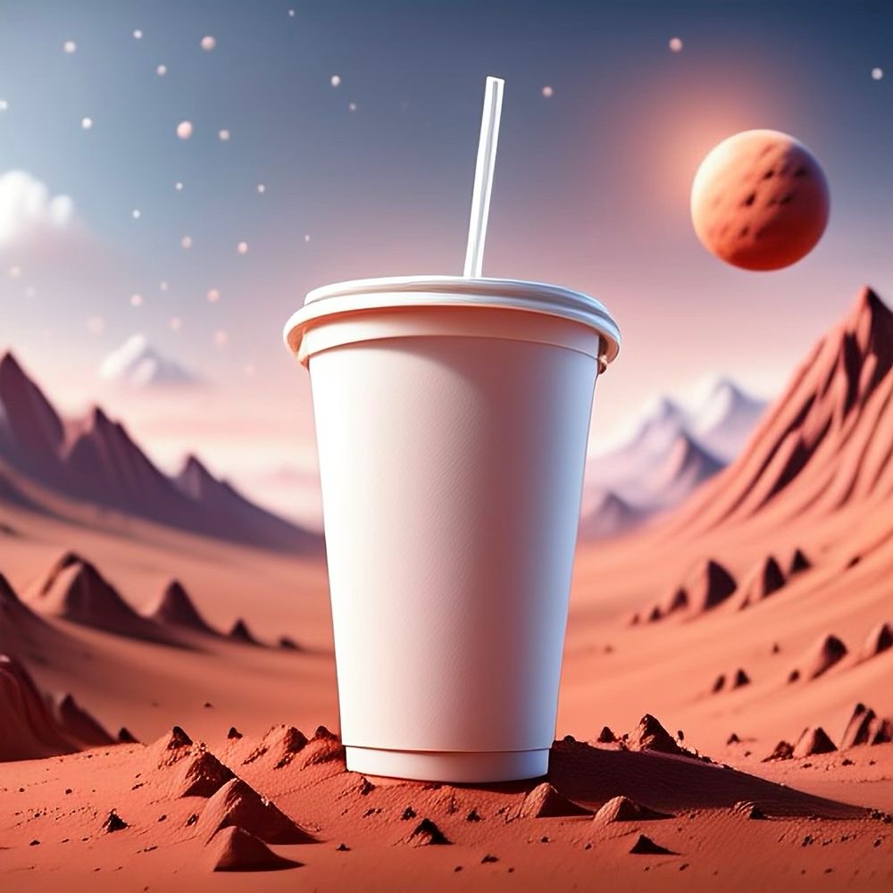 Copo de papel plástico branco com canudo apoiado na superfície do planeta Marte. Um solo de terra vermelha com montanhas ao fundo. Imagem gerada com Apple Intelligence.