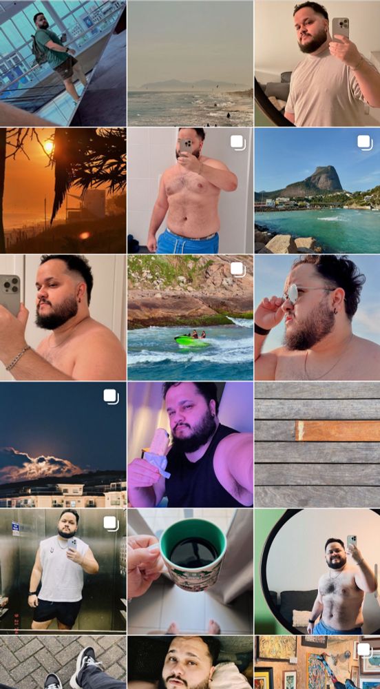 Print do feed do meu Instagram com fotos em uma grade alternando entre selfies ou fotos minhas e fotografias que tiro em passeios e viagens.