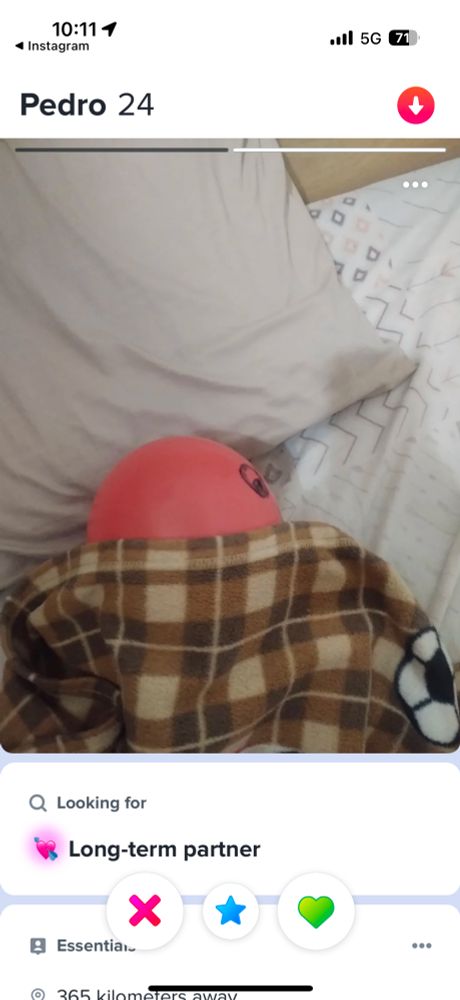 Print do Tinder mostra em segunda foto um balão vermelho com um rosto desenhado deitado de lado em uma cama com uma coberta xadrez tampando metade do “rosto”.