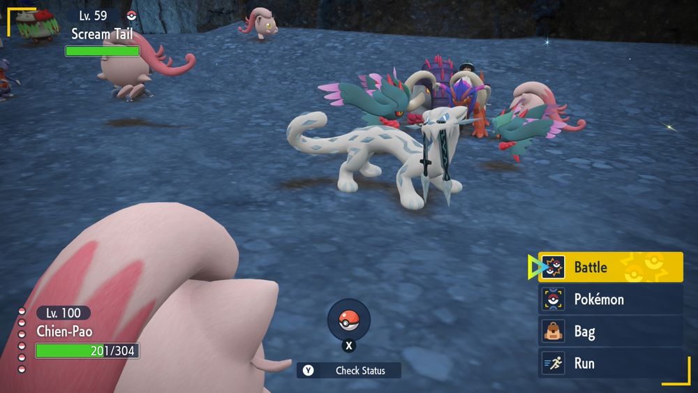 Battling a Scream Tail while the character is covered by multiple pokemon.