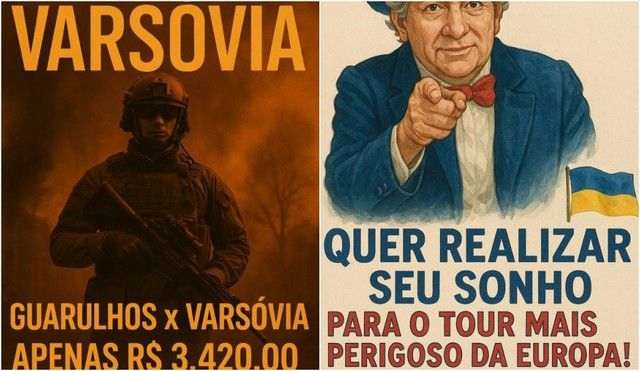 on the left a soldier on a dark flame color background, in Portuguese it's written the plane ticket price from Brasil to Warsaw, PL. On the right an image similar to Uncle Sam's, both are AI generated