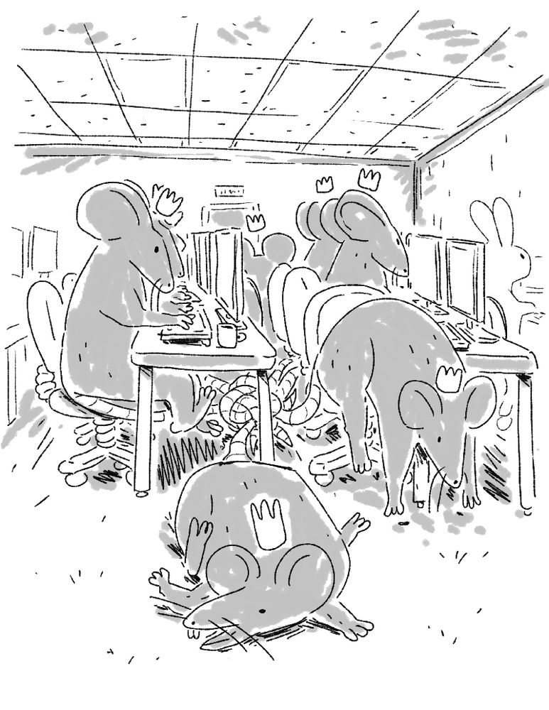 drawing of a group of rats with their tails in a knot seated at desks in an open office setup. some are intent on their work and some are lying on the floor or slumped in their chairs. each rat has a tiny crown hovering above its head
