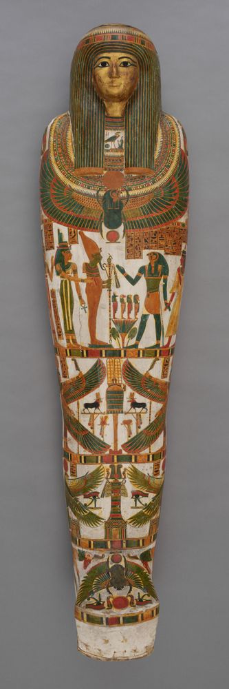 Egyptian; Thebes (now Luxor), Egypt, Coffin and Mummy of Paankhaenamun, The outer hard case of an Egyptian mummy is painted with a gold face, a blue geometric wig, a colorful bird across the chest, and various scenes across the lower portion featuring figures of gods and goddesses.