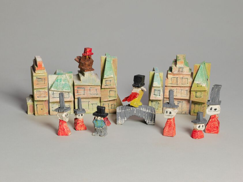 Lyonel Feininger
American, 1871–1956, A Group of Houses and Figures, A work made of painted wood.