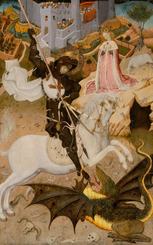 Bernat Martorell (Spanish, active from 1427–died 1452), Saint George and the Dragon, St. George on white horse, piercing green, gold dragon