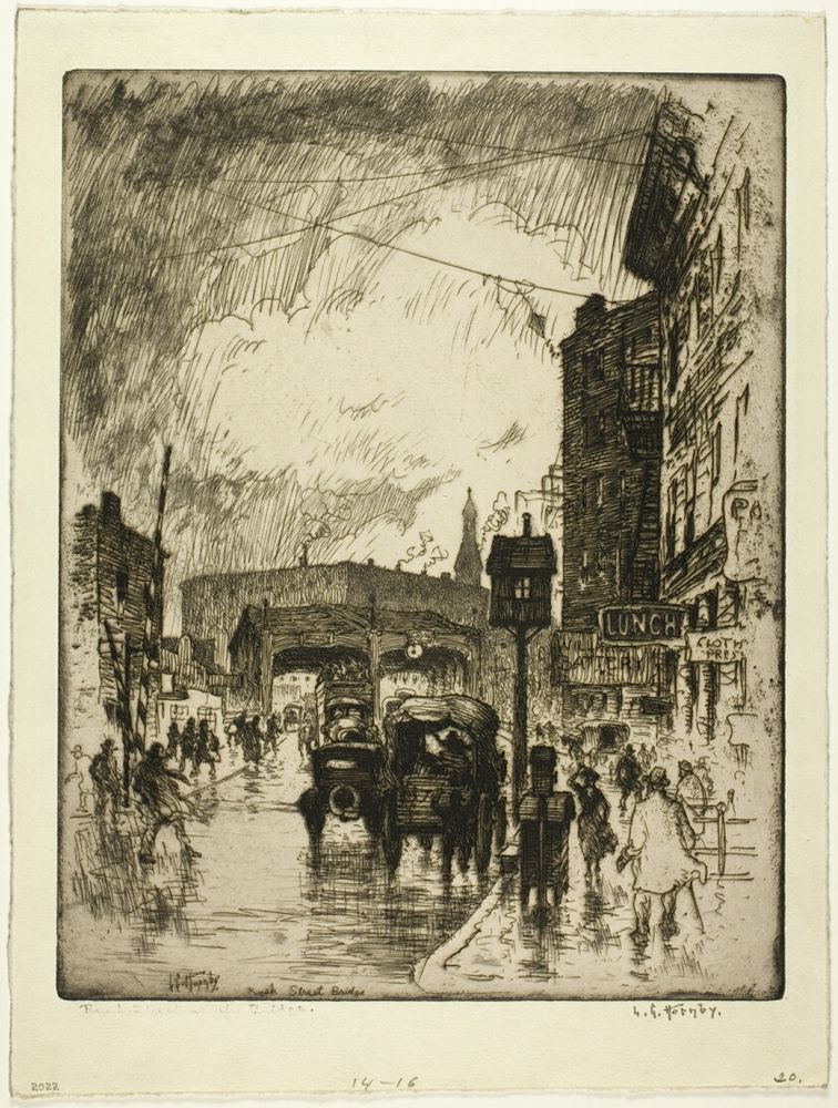 Lester George Hornby
American, 1881-1956, Rush Street Bridge, A work made of etching on cream wove paper.