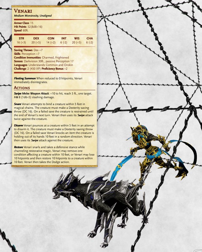 Dungeons and Dragons 5th edition style stat block for Venari, including all statistics, features, and actions. The background around it shows a strangledome cast by Khora Prime, with Khora Prime running through it and Venari standing within it. 