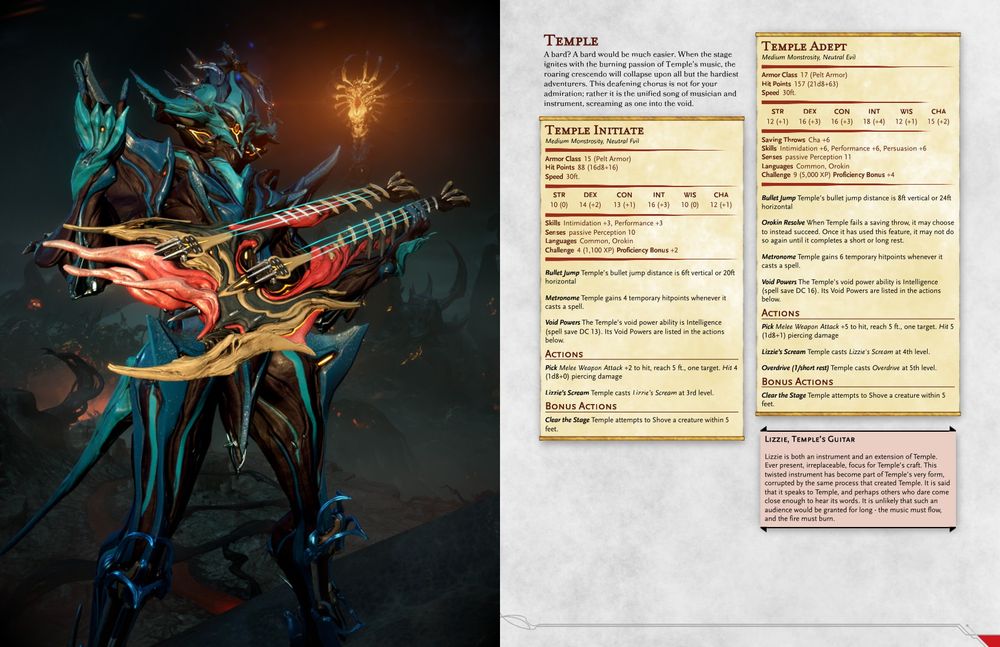 Cover art and first page of the Temple section of the Tenno's Tome of Warframes by TheKengineer. The covert art depicts Temple holding Lizzie in their idle pose on Deimos, framed by one of the giant worms of Deimos in the background. The other page shows the introductory text, two stat blocks, and an information box.