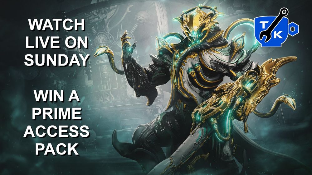 Promotional picture of Lavos Prime with Cedo Prime, adorned with TheKengineer logo and the words "Watch live on Sunday. Win a Prime Access pack".