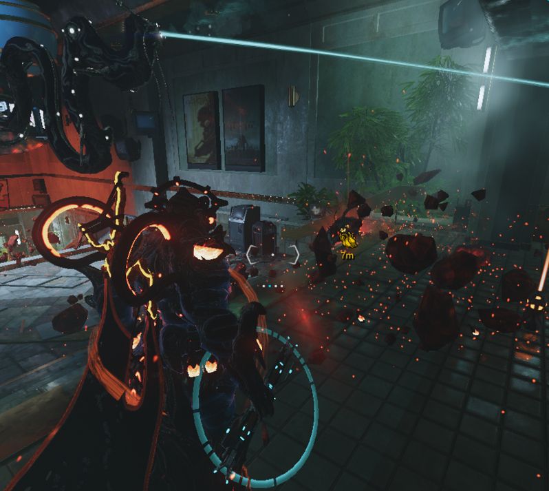 Cropped screenshot from Warframe of a Lavos Prime looking at a new yellow marker on the pickups used during the 1999 mission Legacyte Harvest. 