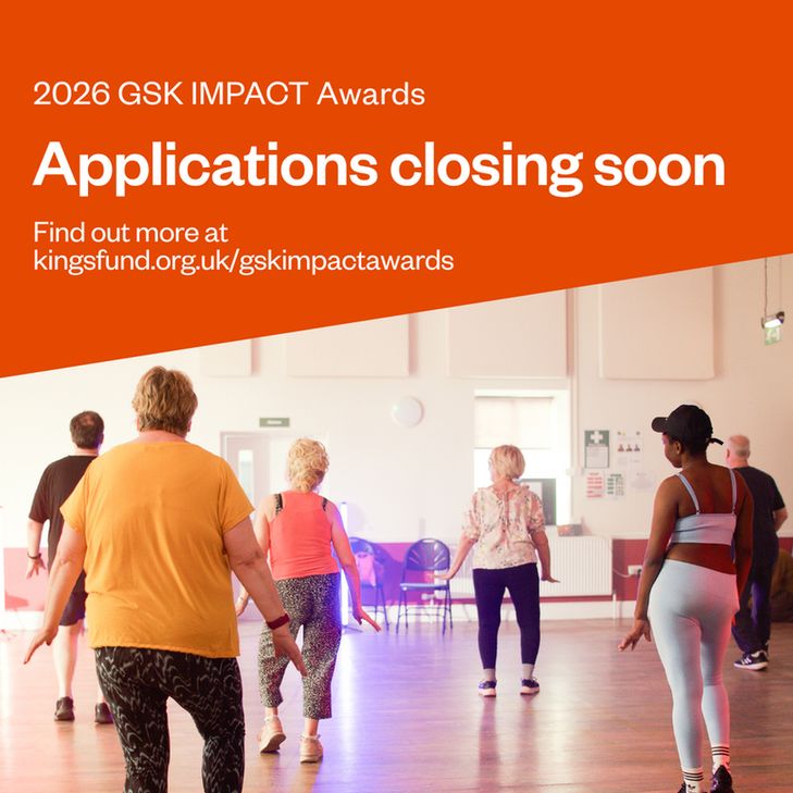 Image of a group pf people in a dance class, with the words above '2026 GSK IMPACT Awards, applications closing soon'