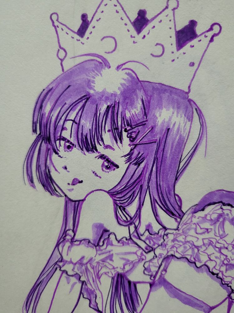 Cheeky girl with a crown wearing frilly stuff, purple sketch