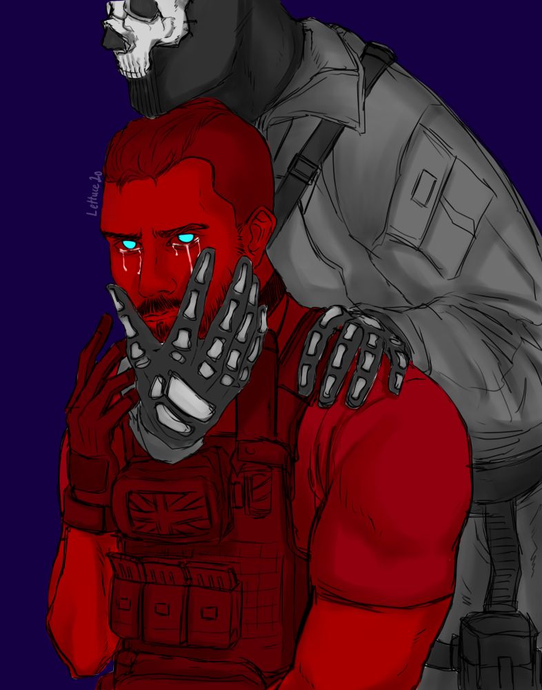 Simon "Ghost" Riley in a greyscale hue holding John "Soap" MacTavish in all red hue facing the viewer with tears depicting a conflict and melancholy emotion while Ghost is looking elsewhere (forward)